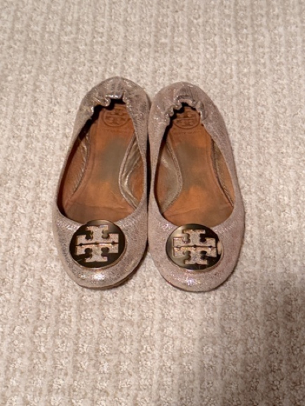Tory Burch Metallic Nude Logo Ballet Flats